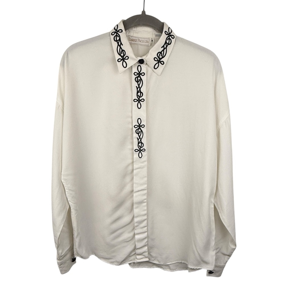 Vintage Barrie Pace White Embroidered White Button Down Blouse Sz 8 Made In USA